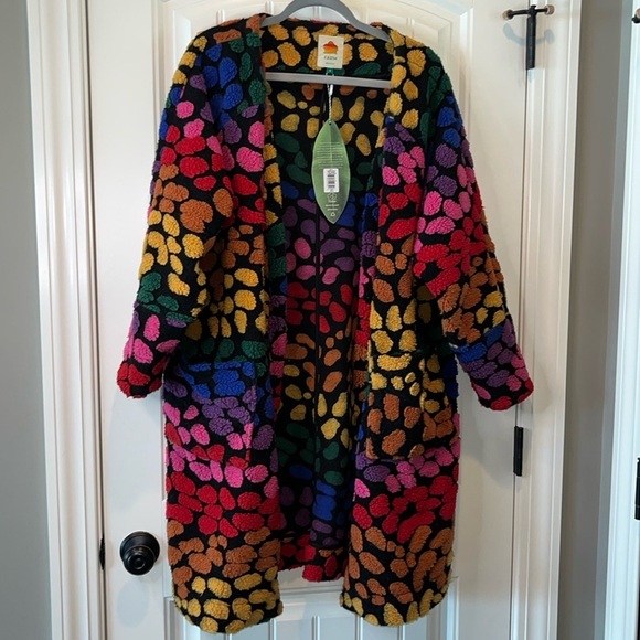 FARM Rio Rainbow Leopard Fleece open statement colorful cardigan jacket S-L - Picture 1 of 16